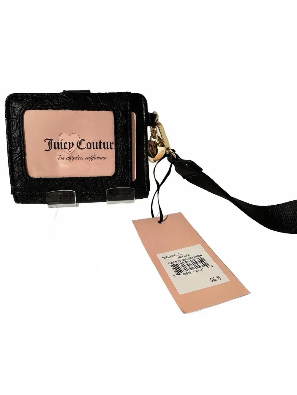 Juicy Couture Black Heart Embossed Logo Wristlet Wallet, Strap with Charm - NWT